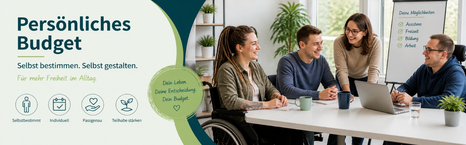Mehrere Menschen, darunter eine Person im Rollstuhl, sitzen gemeinsam an einem Tisch, sprechen miteinander und planen Unterstützung im Rahmen des Persönlichen Budgets.